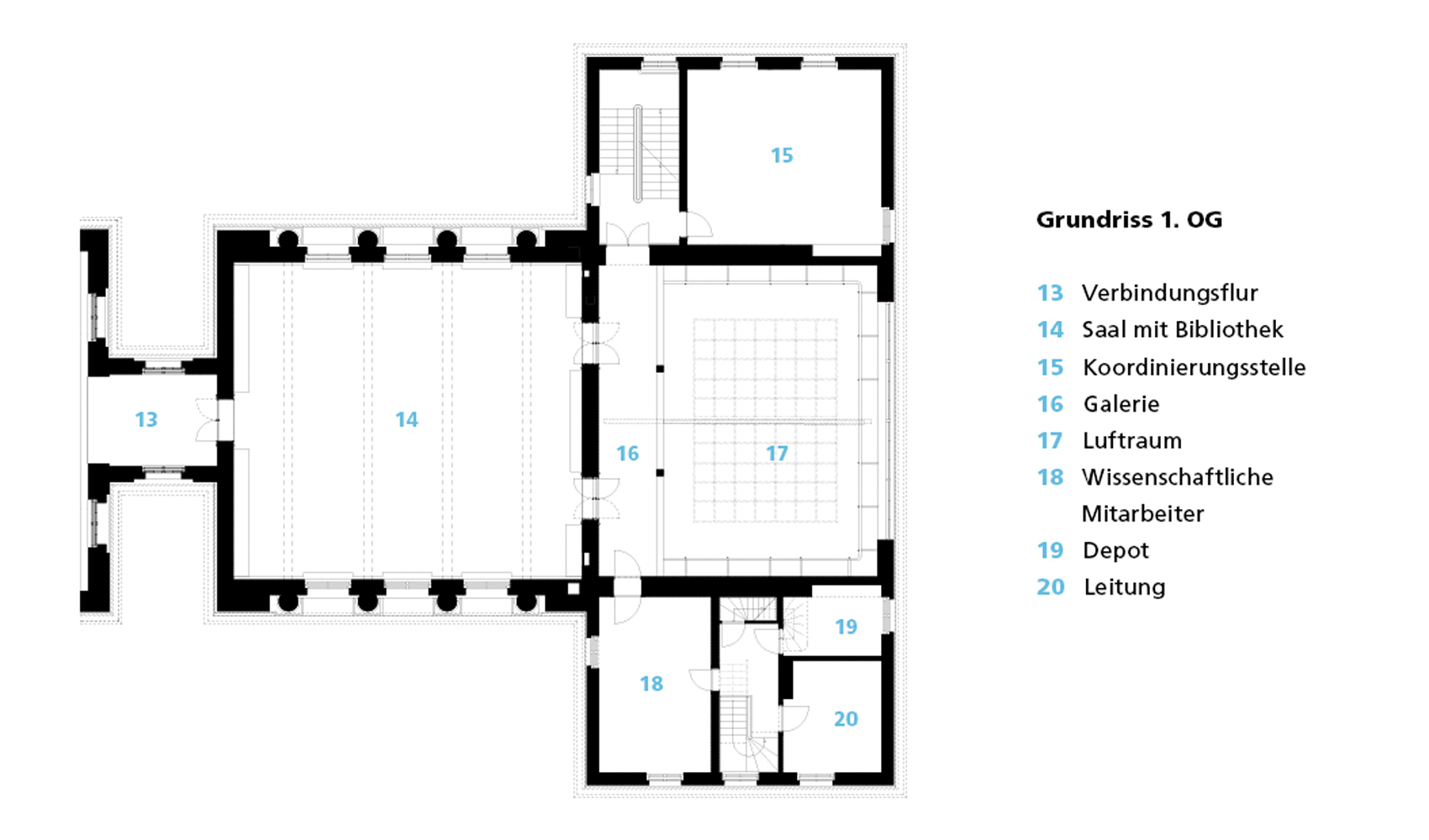 Restaurierung und Umbau des denkmalgeschützten Gerlachbau der Humboldt-Universität zu Berlin, Grundriss 1.OG