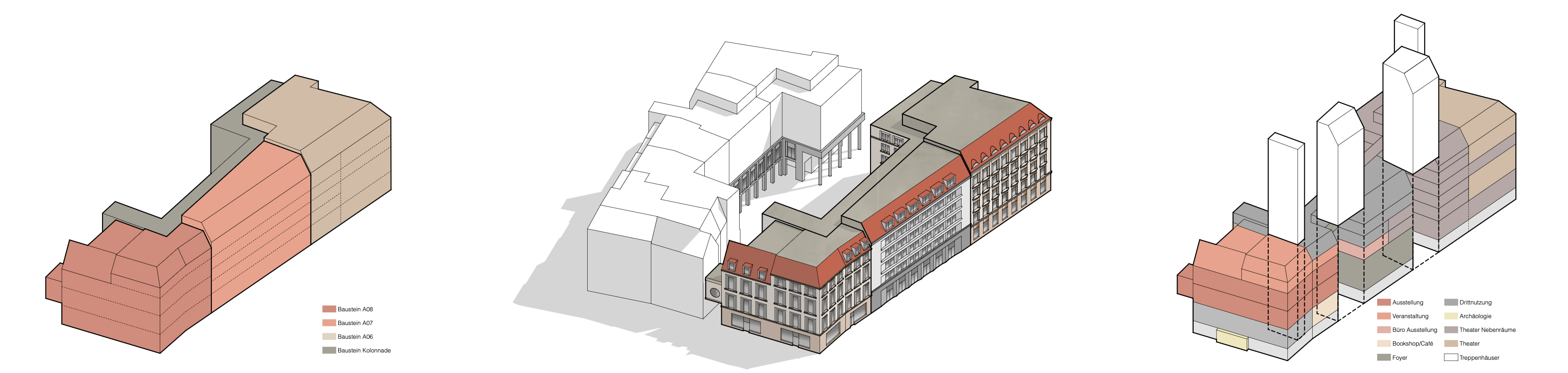 Diagramme: Struktur & Geschossigkeit/ Fassade & Volumetrie/ Nutzungen